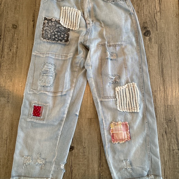 NEW 100% cotton shabby patchy farm worker jeans lagenlook boho patchwork denim - Picture 6 of 12